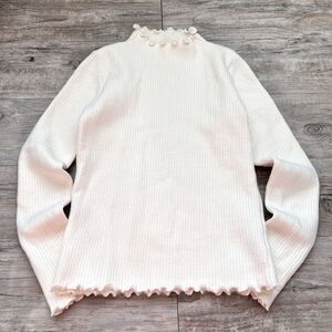 Women's Ribbed Turtleneck S Coquette Edge Cream Off-White Knit Stretch Layering